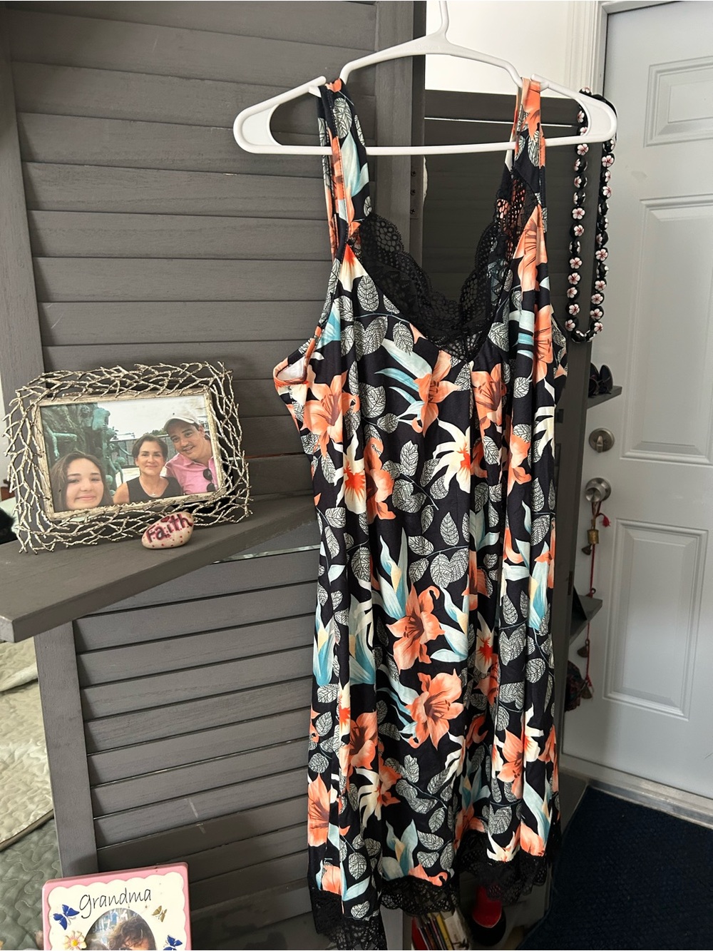 Floral Lace-Trim Chemise Nightdress - Black with Coral & Teal Flowers